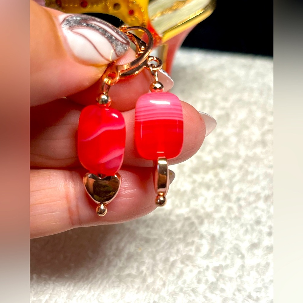 💖Pretty genuine striped pink agate and rose gold earrings